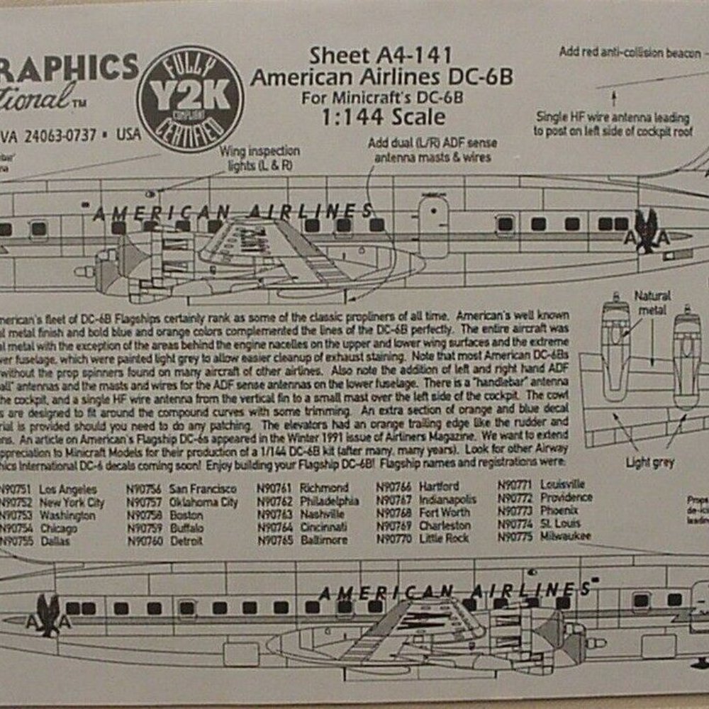 1/144 AMERICAN AIRLINES DC-6B AIRWAY GRAPHICS DECALS